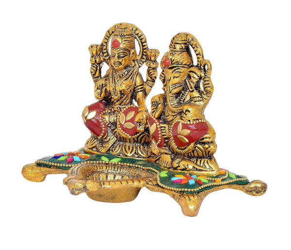 White Metal Laxmi Ganesh Diya  (Height 4 Inch) Entryway Setting
