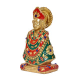खाटू श्याम जी पीतल मूर्ति, साइड प्रोफाइल, लाल-हरा वस्त्र व मोतियों की सजावट