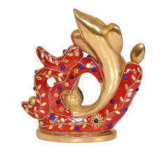 Brass Ganesha idol with red robe, blue dots, gold hands, jeweled trim