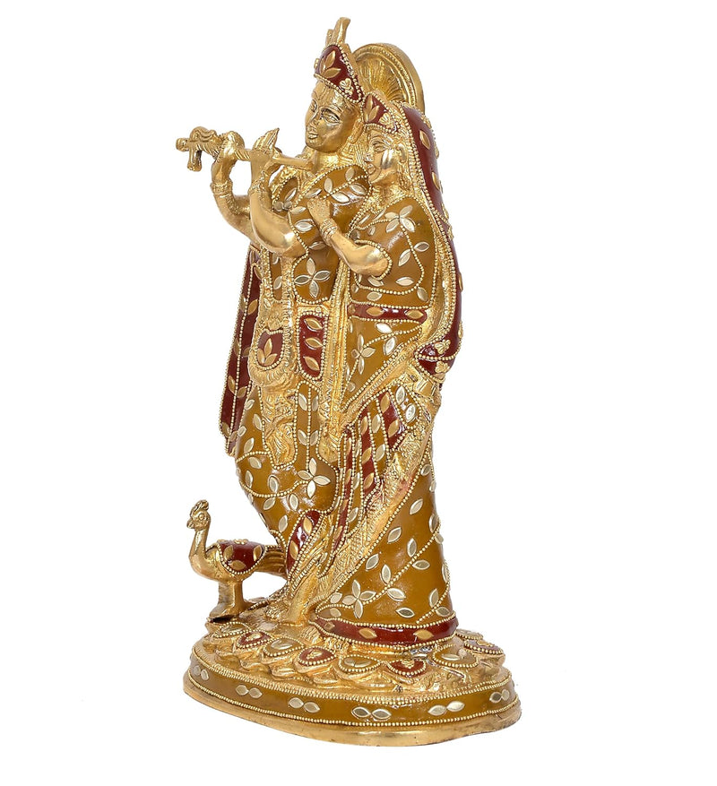 Brass Standing Radha Krishna Idol with Peacock Playing Flute (Height 12 Inches) (Multicolor 1)