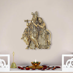 Superfine brass Radha-Krishna with cow sculpture, 4-inch height, ornate figures