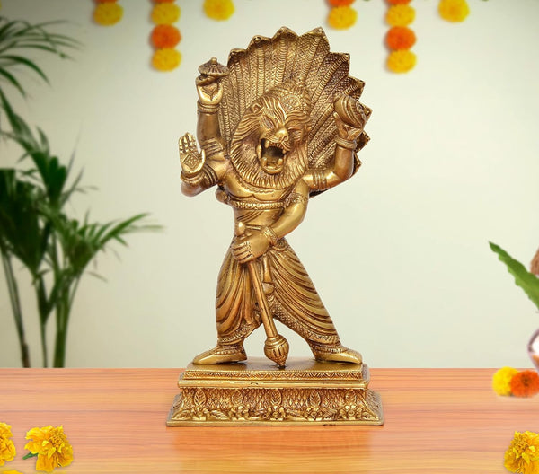 Brass Lord Vishnu's Narasimha Statue (Height 12 Inch)