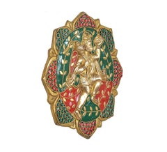 Hanuman JI brass wall hanging sculpture showing ornate fan-shaped border and enamel work