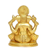Brass Ganesha idol statue, back view with textured halo and seated drapery details.