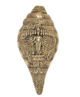 Brass Vishnu Dasavtar shankh wall hanging, multi-figure panel and detailed top cap