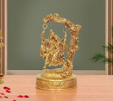 Brass Radha Krishna swing idol, two figures on hanging swing, 8-inch height