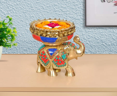 Brass Elephant with Urli Idol with Ghungroo (Height : 7.5 Inch)