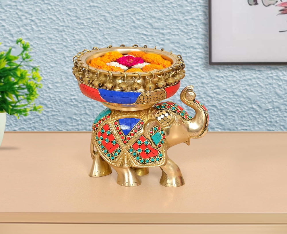 Brass Elephant with Urli Idol with Ghungroo (Height : 7.5 Inch)