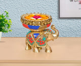Brass elephant idol with urli bowl, multicolor jewel accents, 7.5 inch height