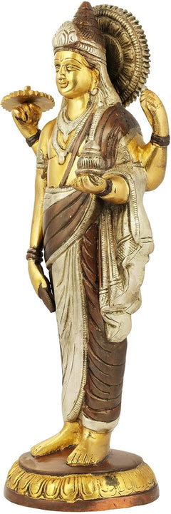 Gold-and-bronze Dhanvantari statue, side view holding a vessel, detailed drapery