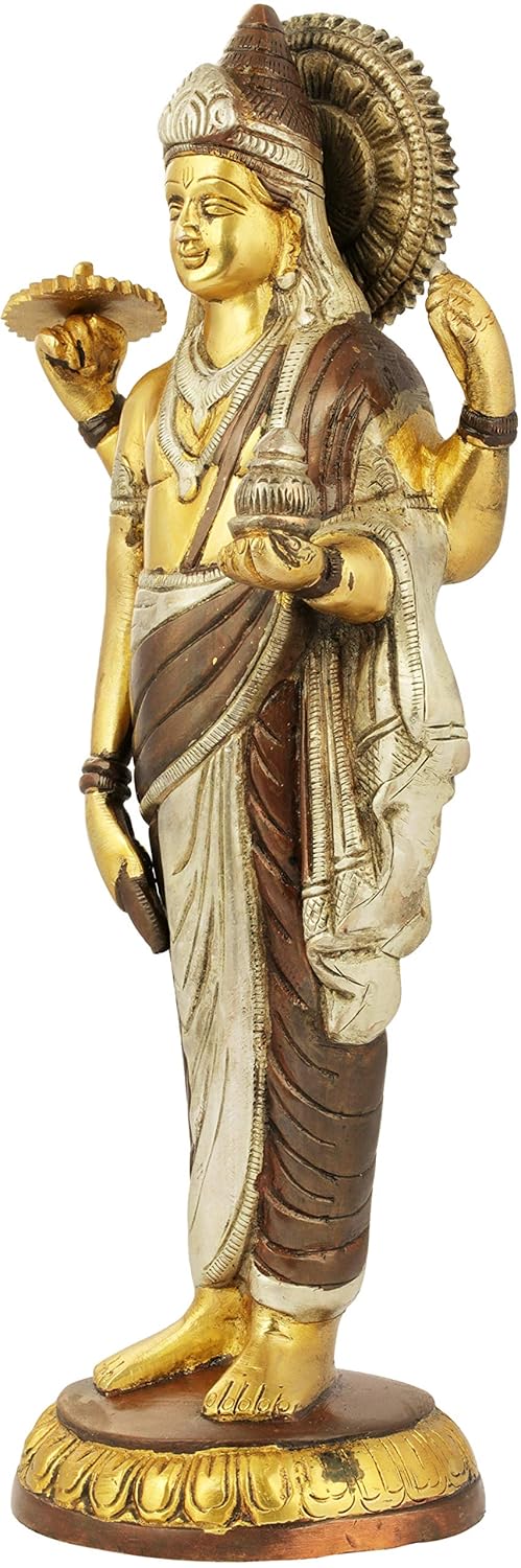 Brass Brown Silver Gold Dhanvantari Statue - The Physician of Gods (Height: 11.3 inch) Entryway Setting