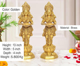 Golden brass oil lamp Apsara lady figurines, set of 2; height 13 in
