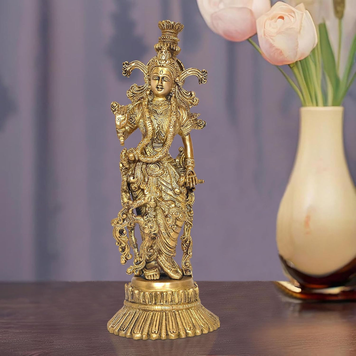 Brass Radha murti idol statue, detailed standing figure on pedestal