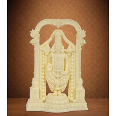 Ivory Tirupati Balaji idol in resin, seated figure with ornate arch and base