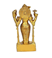Golden brass Dhanvantri idol statue, back view with circular halo design