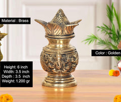 Golden brass kalash showpiece with carved Lakshmi & Ganesh, 6 in height