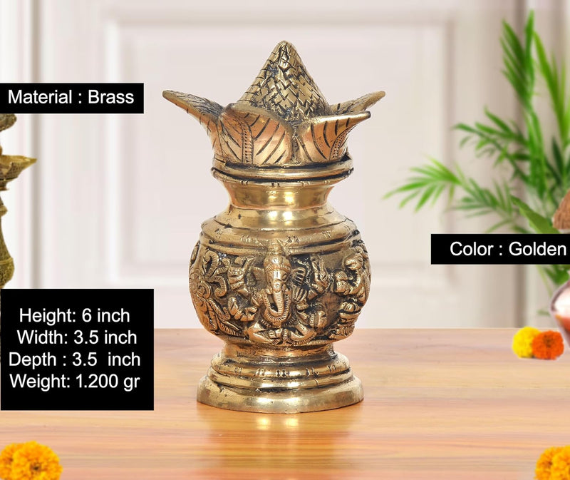 Brass Kalash Lakshmi Ganesh Carving Showpiece (Height 6 Inch)
