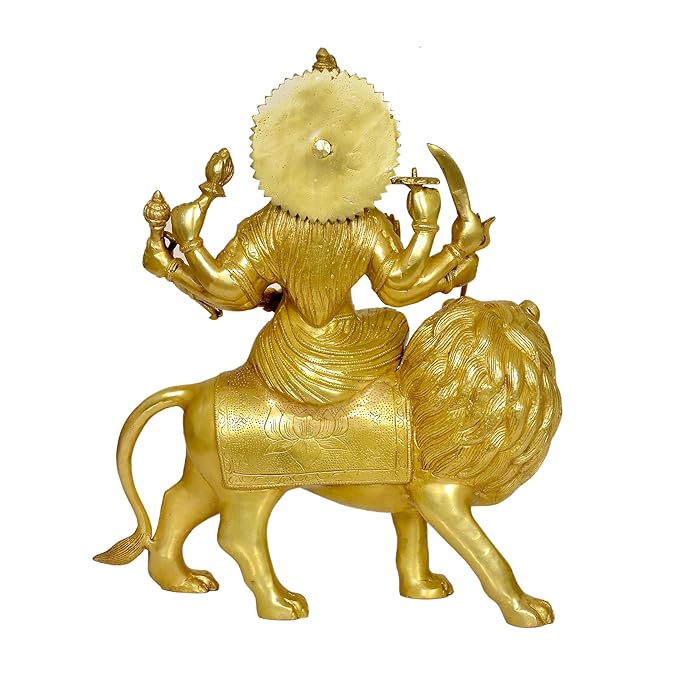 Brass Durga Statue On Lion for Home Decor | Height : 18 Inches