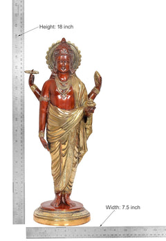 Dhanvantri brass statue dimensions: height 18 in, width 7.5 in, red and gold figure