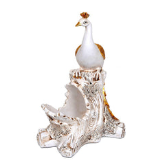 Polyresin peacock jewelry holder, standing peacock with white body and gold tail feathers