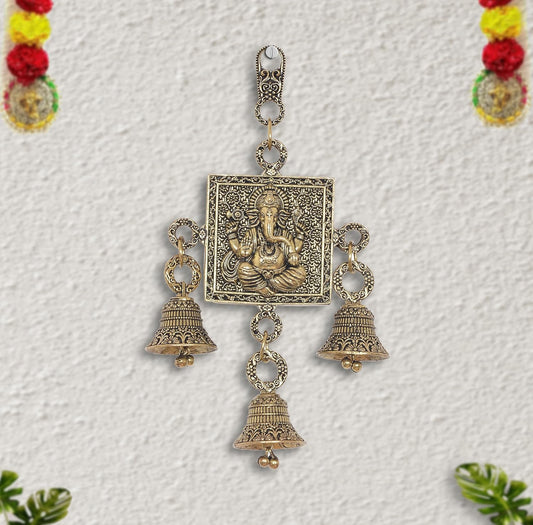 Bronze Ganesha Wall Hanging with Bells (Height: 6.5 Inch)