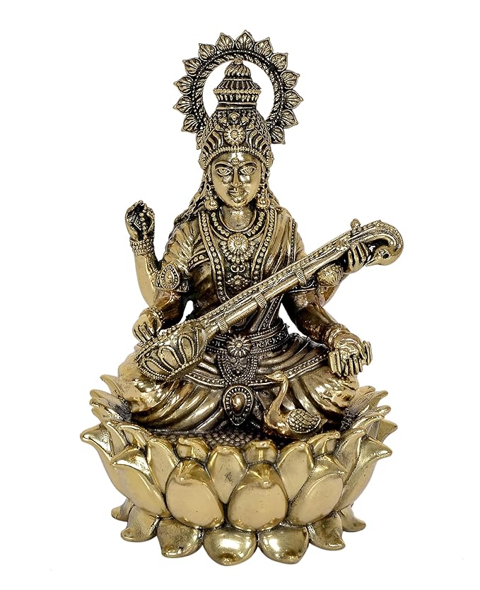 Fine Brass Goddess Saraswati Sitting On lotus Devi of Study (Height: 6 Inch) Craft Detail