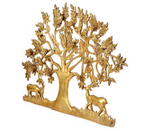 Golden brass tree wall hanging with deer pair and ornate foliage branches