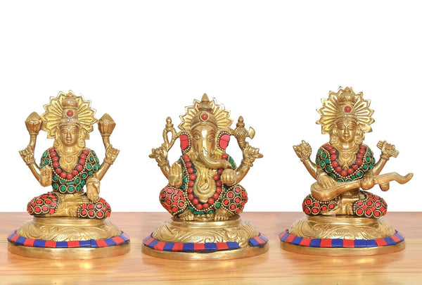 Brass Lakshmi Ganesh Saraswati Idol (Height: 5 Inch) (Multicolor 2) Entryway Setting