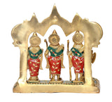Brass ram darbar idol back view with arched frame and three standing figures