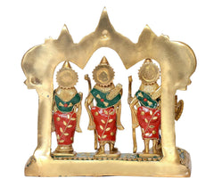 Brass ram darbar idol back view with arched frame and three standing figures