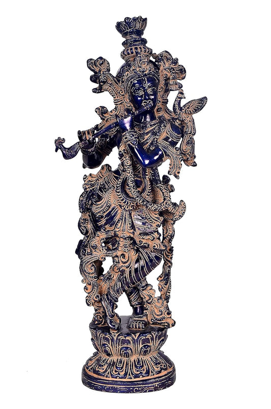 Brass Lord Krishna Idol Figurine (Height: 14 inches) Blue