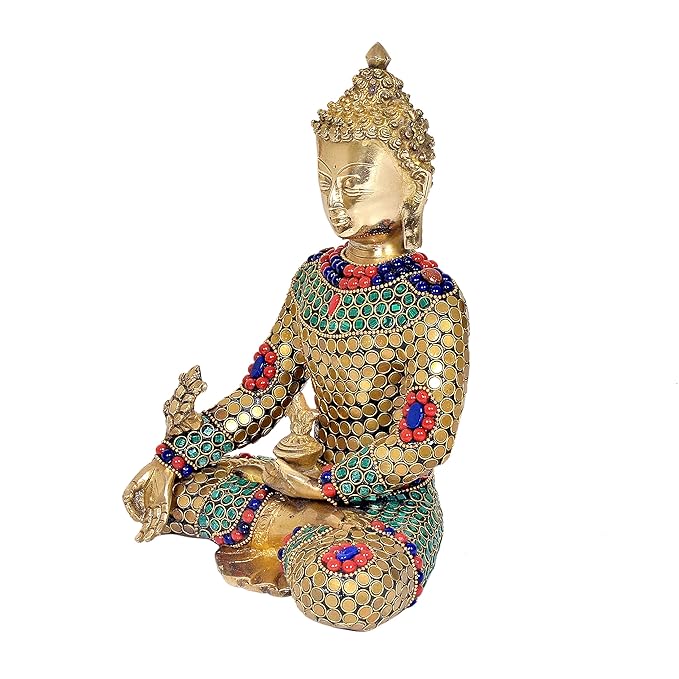 Brass Buddha Idol with detailed stone work (Height: 9 inches) Craft Detail