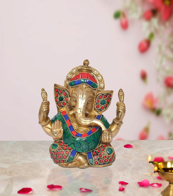 Brass Lord Ganesha Idol Ganesh Statue Decorative Sculpture for Home Decor Office Mandir Pooja Showpiece (Height 5.5 Inch) (Ganesha Multicolor)