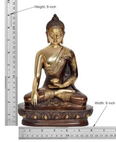 AONA brass Buddha statue, 9 inch tall, meditating pose with dhyan mudra on dark base