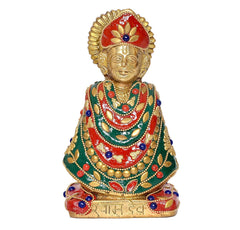 खाटू श्याम जी की पीतल मूर्ति, लाल मुकुट और हरे वस्त्र की डिटेल