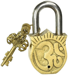 Antique gold padlock with embossed Om symbol, silver shackle and two decorative keys
