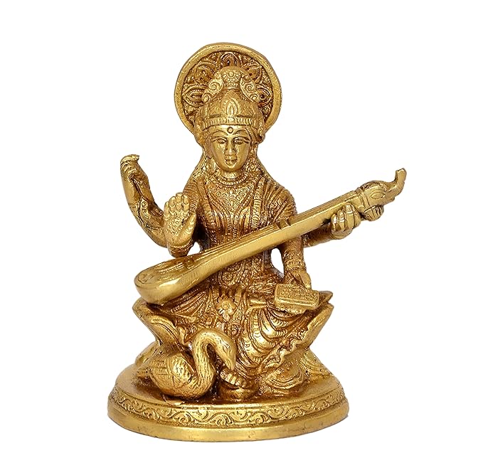 Brass Goddess Saraswati with side swan (Height 5 Inch) Craft Detail
