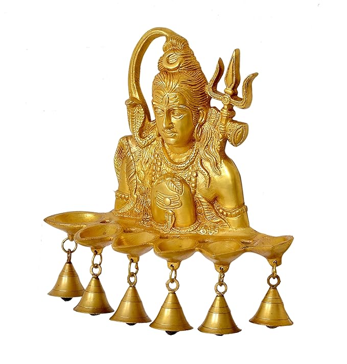 Brass Shiva Wall Hanging Lamp with Bells Diya Diwali Lamp Puja Deepak Deepam (Height 12 Inch)