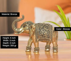 Bronzefarbene Elefantenfigur, 10 cm hoch, kunstvolle Ornamente auf dem Rücken