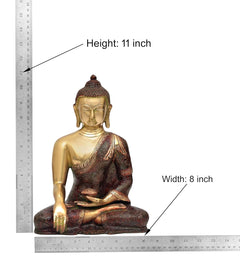 11 in tall Buddha statue with width 8 in; brass meditating figure in dark robe
