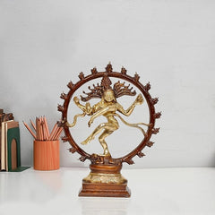 Brass Nataraj Lord Shiva dancing idol with circular halo and base, 9-inch