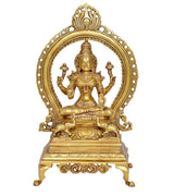 Golden brass Lakshmi statue, seated four hands with arched halo and base