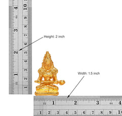 Brass idol size shown: height 2 in, width 1.5 in, seated goddess on round plate