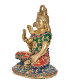 Brass Shiva Shiv Murti statue seated, side view, trident and colorful jeweled attire