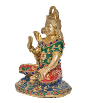 Brass Shiva Shiv Murti statue seated, side view, trident and colorful jeweled attire