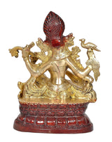 Maa Saraswati idol dorada con sitar, vista trasera, adornos y base roja