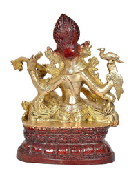Maa Saraswati idol dorada con sitar, vista trasera, adornos y base roja