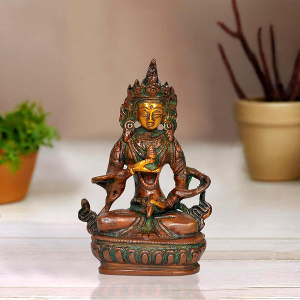 Brass Tara Devi Statue - Handcrafted Hindu Goddess Idol for Home Decor and Pooja Mandir Multicolor (Height 5.5 Inch)