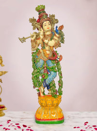 Krishna playing flute resin statue, multicolored hand-painted details, full figure