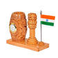 Wooden Pen Stand Stand Holder with with Ashoka Stambh and Watch | Gifting Item | Height : 4.5 inches